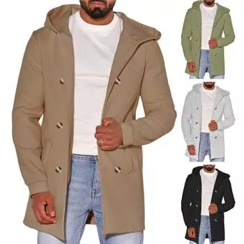 Мужское осенне-зимнее пальто с карманами с капюшоном, двубортный сплошной цвет, средней длины, свободный кардиган с длинным рукавом, толстое теплое мужское пальто, длинная куртка M темные хаки