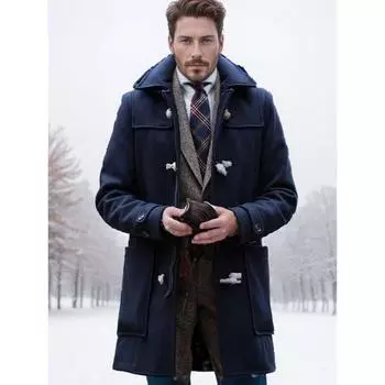 Мужское осенне-зимнее пальто с лацканами из утолщенного бычьего рога и пуговицами, теплое твидовое пальто для улицы XS темно-синий