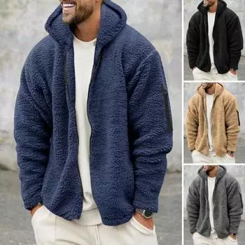 Мужское осенне-зимнее пальто с толстым плюшевым капюшоном и застежкой-молнией с длинным рукавом Свободный кардиган Теплый холодостойкий сплошной цвет Мягкие карманы Мужская куртка средней длины L хаки
