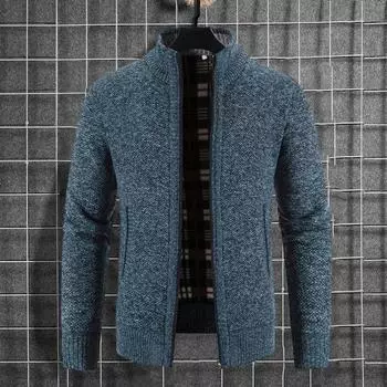 Мужское осенне-зимнее пальто с воротником-стойкой, вязаный однотонный толстый кардиган, эластичный длинный рукав на молнии, мягкий мужской свитер, куртка L чёрный