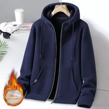 Мужское осенне-зимнее пальто Yousheng с капюшоном, застежкой-молнией, длинными рукавами, свободным толстым теплым однотонным кардиганом, повседневная куртка с капюшоном L чёрный