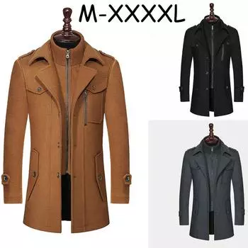 Мужское осенне-зимнее шерстяное пальто с двойным воротником, шерстяная ветровка средней длины с утолщенным воротником, мужское пальто XXXXL чёрный