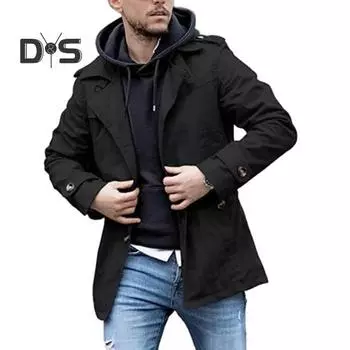 Мужское осеннее пальто с лацканами, средней длины, однотонное свободное ветрозащитное пальто с пуговицами, повседневная уличная однобортная мужская весенняя куртка L чёрный