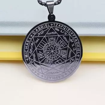 Мужское ожерелье Семь амулетов Ангела Соломона Круглый кулон Полая цепочка из нержавеющей стали с гальваническим покрытием Унисекс Повседневная одежда Ожерелье на ключицу Ювелирные изделия на шею