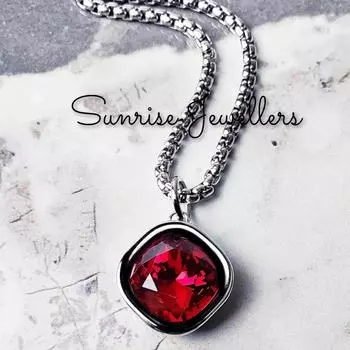 Мужское ожерелье «СЕРЕБРЯНЫЙ ГРАНАТ» | Мужское серебряное ожерелье с подвеской из нержавеющей стали с гранатом | Мужской кулон с камнем, соответствующим рождению в январе Free Size красный