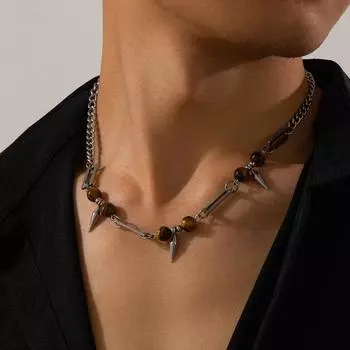 Мужское ожерелье в стиле хип-хоп, индивидуальное тигровый глаз, заклепки из натурального камня, ожерелья с подвеской для мужчин, ювелирные изделия из титановой стали на ключице
