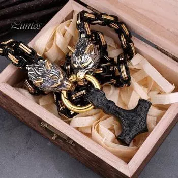 Мужское ожерелье в стиле ретро в стиле скандинавских викингов с подвеской в виде головы волка и молота, амулетом из толстой цепи, символом силы, защитным ожерельем для взрослых на дни рождения, свадьбы C