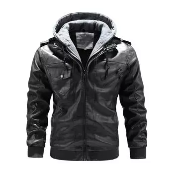 Мужское пальто из искусственной кожи большого размера с капюшоном, имитация двухкомпонентного пальто S