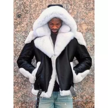 Мужское пальто из искусственной кожи с контрастным белым мехом и капюшоном, цельное пальто M красный