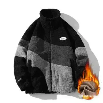 Мужское пальто из овчины с воротником-стойкой — модный тренд осени/зимы, хлопковая куртка с цветными блоками для пар XL серый