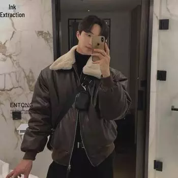 Мужское пальто из овечьей шерсти и хлопка в корейском стиле с воротником из искусственного меха - модная утолщенная кожаная куртка на осень/зиму 2XL чёрный