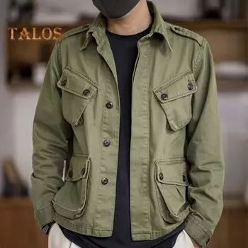 Мужское пальто-карго с лацканами, длинным рукавом, однотонная рабочая куртка с несколькими карманами, застежкой на пуговицы, осенняя повседневная верхняя одежда L зелёный