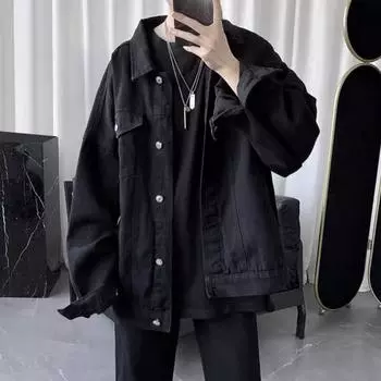 Мужское пальто-карго Yousheng с лацканами и несколькими карманами, однобортное джинсовое пальто, повседневная джинсовая куртка в спортивном стиле, уличная одежда XL чёрный