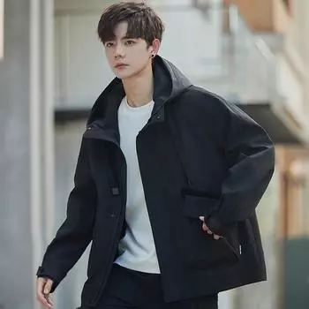 Мужское пальто, новая весна и осень, корейская версия, модная красивая осенняя одежда с капюшоном, свободная и универсальная куртка для мужчин M чёрный