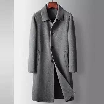 Мужское пальто осень и зима средняя и длинная двухсторонняя тренчкот для среднего и молодого возраста деловая шерстяная однотонная повседневная куртка M чёрный