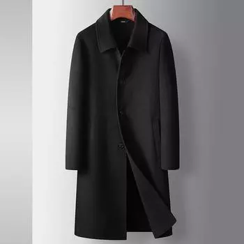 Мужское пальто осень и зима средняя и длинная двухсторонняя тренчкот для среднего и молодого возраста деловая шерстяная однотонная повседневная куртка M чёрный