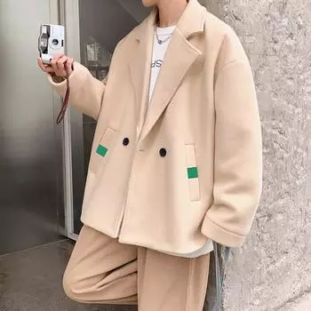 Мужское пальто осень новый свободный шерстяной пиджак корейский тренд красивый лацкан короткий твидовый тренчкот M