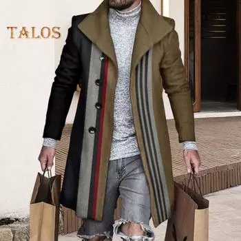 Мужское пальто с 3D-дизайном лацканов, застежкой на пуговицы, шерстяное пальто в стиле ретро с клетчатым принтом, ветрозащитная куртка средней длины S хаки