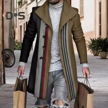 Мужское пальто с 3D-дизайном лацканов, застежкой на пуговицы, шерстяное пальто в стиле ретро с клетчатым принтом, ветрозащитная куртка средней длины XXL хаки