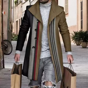 Мужское пальто с 3D-дизайном лацканов, застежкой на пуговицы, шерстяное пальто в стиле ретро с клетчатым принтом, ветрозащитная куртка средней длины L хаки