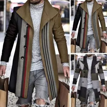 Мужское пальто с 3D-дизайном лацканов, застежкой на пуговицы, шерстяное пальто в стиле ретро с клетчатым принтом, ветрозащитная куртка средней длины L