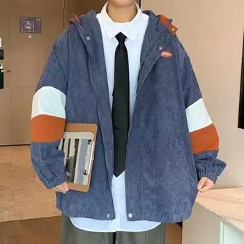 Мужское пальто с цветными блоками, застежка-молния с капюшоном, свободный кардиган с длинным рукавом, уличная одежда средней длины, повседневная одежда 3XL синий