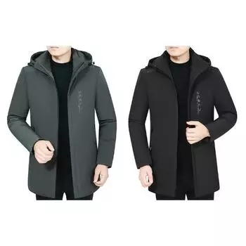 Мужское пальто с длинным рукавом и воротником-стойкой, несколькими карманами и буквенным принтом, зимнее утолщенное пальто с хлопковой подкладкой, верхняя одежда средней длины с капюшоном XL чёрный