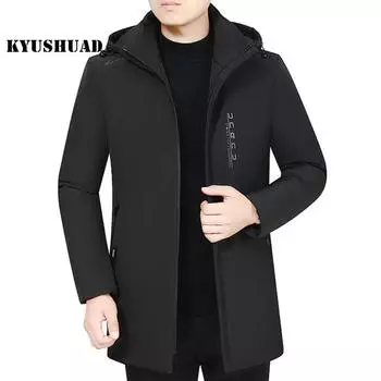 Мужское пальто с длинным рукавом и воротником-стойкой, несколькими карманами и буквенным принтом, зимнее утолщенное пальто с хлопковой подкладкой, верхняя одежда средней длины с капюшоном 3XL чёрный