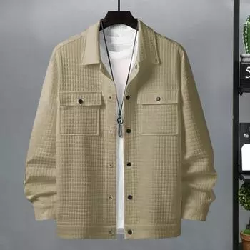 Мужское пальто с длинным рукавом, однотонная куртка с отворотом и небольшим квадратным украшением M