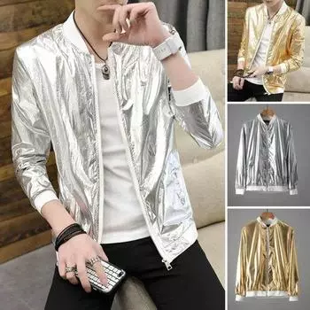 Мужское пальто с глянцевой поверхностью, сплошной цвет, воротник-стойка, застежка-молния, кардиган, хип-хоп, уличный танец, сценическое представление, сценический костюм для ночного клуба, куртка-бомбер L серебряный