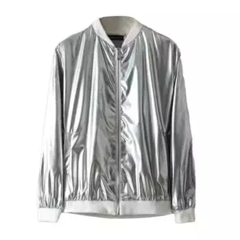 Мужское пальто с глянцевой поверхностью, сплошной цвет, воротник-стойка, застежка-молния, кардиган, хип-хоп, уличный танец, сценическое представление, сценический костюм для ночного клуба, куртка-бомбер L серебряный