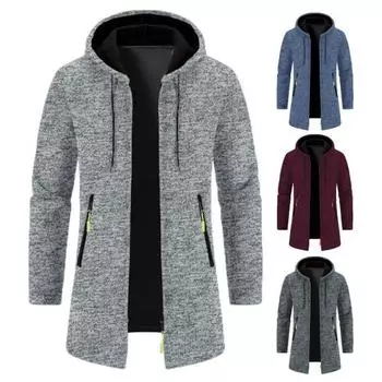 Мужское пальто с капюшоном, длинными рукавами, однотонная куртка средней длины с карманами, застежкой-молнией, тонкая трикотажная верхняя одежда M темно-серого