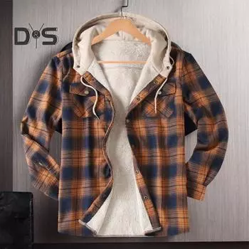 Мужское пальто с капюшоном, длинными рукавами, завязками, клетчатым принтом, карманами, застежкой на пуговицы, плюшевой подкладкой, спортивное пальто L светло-синий