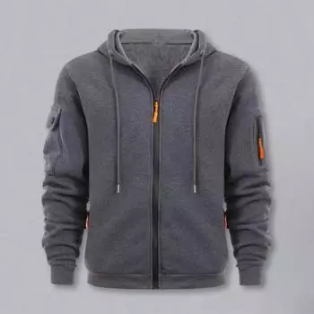 Мужское пальто с капюшоном и длинными рукавами, толстовка с капюшоном, однотонная, с несколькими карманами, плюшевая подкладка, толстая, теплая XL светло-серый