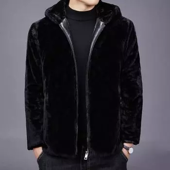 Мужское пальто с капюшоном и длинными рукавами, куртка из искусственного меха норки с карманами, застежка-молния, толстое флисовое зимнее пальто XXXXL чёрный