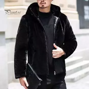 Мужское пальто с капюшоном и длинными рукавами, куртка из искусственного меха норки с карманами, застежка-молния, толстое флисовое зимнее пальто XXXXL чёрный