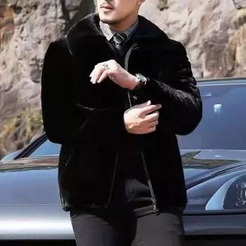Мужское пальто с капюшоном и длинными рукавами, куртка из искусственного меха норки с карманами, застежка-молния, толстое флисовое зимнее пальто XXXXL чёрный