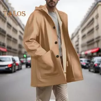 Мужское пальто с капюшоном, реглан, длинный рукав, однотонная куртка с карманами, однобортная, средней длины, шерстяная верхняя одежда S хаки
