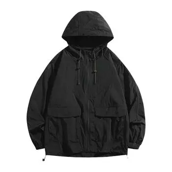 Мужское пальто с капюшоном, завязками на шнурке, длинными рукавами, солнцезащитным пальто с карманами-клапанами, однотонная застежка-молния, верхняя одежда для пар M серый