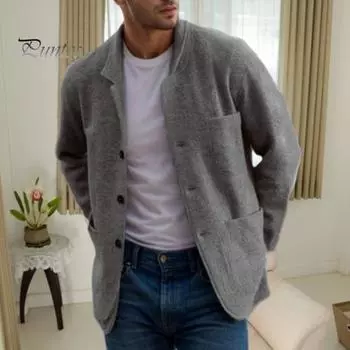 Мужское пальто с лацканами, длинный рукав, однобортный однотонный пиджак с карманами, свободный крой, повседневная верхняя одежда, повседневная одежда XXL коричневый