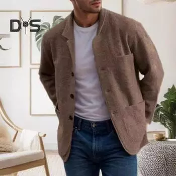Мужское пальто с лацканами, длинный рукав, однобортный однотонный пиджак с карманами, свободный крой, повседневная верхняя одежда, повседневная одежда XL коричневый
