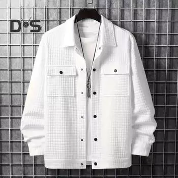 Мужское пальто с лацканами, длинный рукав, однотонная куртка с небольшим квадратным украшением, свободный крой, однобортная верхняя одежда M белый