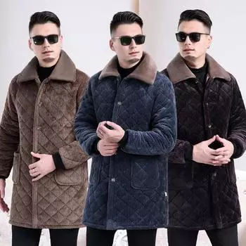 Мужское пальто с лацканами, длинный рукав, однобортная куртка с карманами, однотонная зимняя куртка с утолщенной бархатной подкладкой S темно-синий