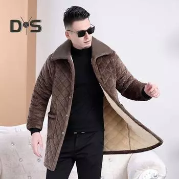 Мужское пальто с лацканами, длинный рукав, однобортная куртка с карманами, однотонная зимняя куртка с утолщенной бархатной подкладкой S кофейный