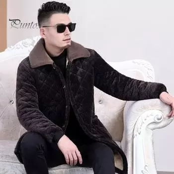 Мужское пальто с лацканами, длинный рукав, однобортная куртка с карманами, однотонная зимняя куртка с утолщенной бархатной подкладкой S темно-синий