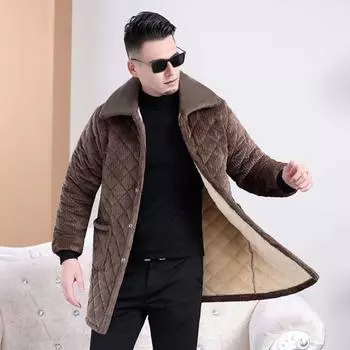 Мужское пальто с лацканами, длинный рукав, однобортная куртка с карманами, однотонная зимняя куртка с утолщенной бархатной подкладкой S светло-коричневого