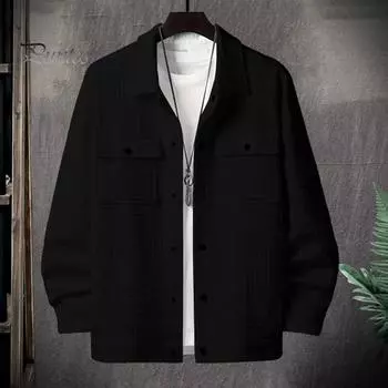 Мужское пальто с лацканами, длинный рукав, однотонная куртка с небольшим квадратным украшением, свободный крой, однобортная верхняя одежда M чёрный
