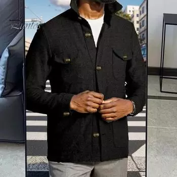 Мужское пальто с лацканами, длинными рукавами, карманами-клапанами, куртка, пальто, однотонное, стандартного кроя, однобортное, осенне-зимняя верхняя одежда S темно-коричневого