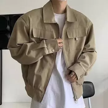 Мужское пальто с нагрудными карманами, двойными лацканами на молнии, длинными рукавами, однотонная куртка, однотонная куртка свободного кроя M хаки
