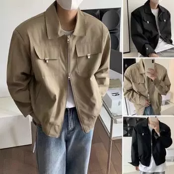 Мужское пальто с нагрудными карманами, двойными лацканами на молнии, длинными рукавами, однотонная куртка, однотонная куртка свободного кроя M хаки